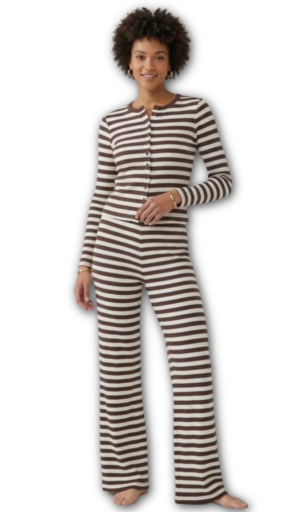 Stripe ribbed buttoned long sleeve top & straight leg trouser