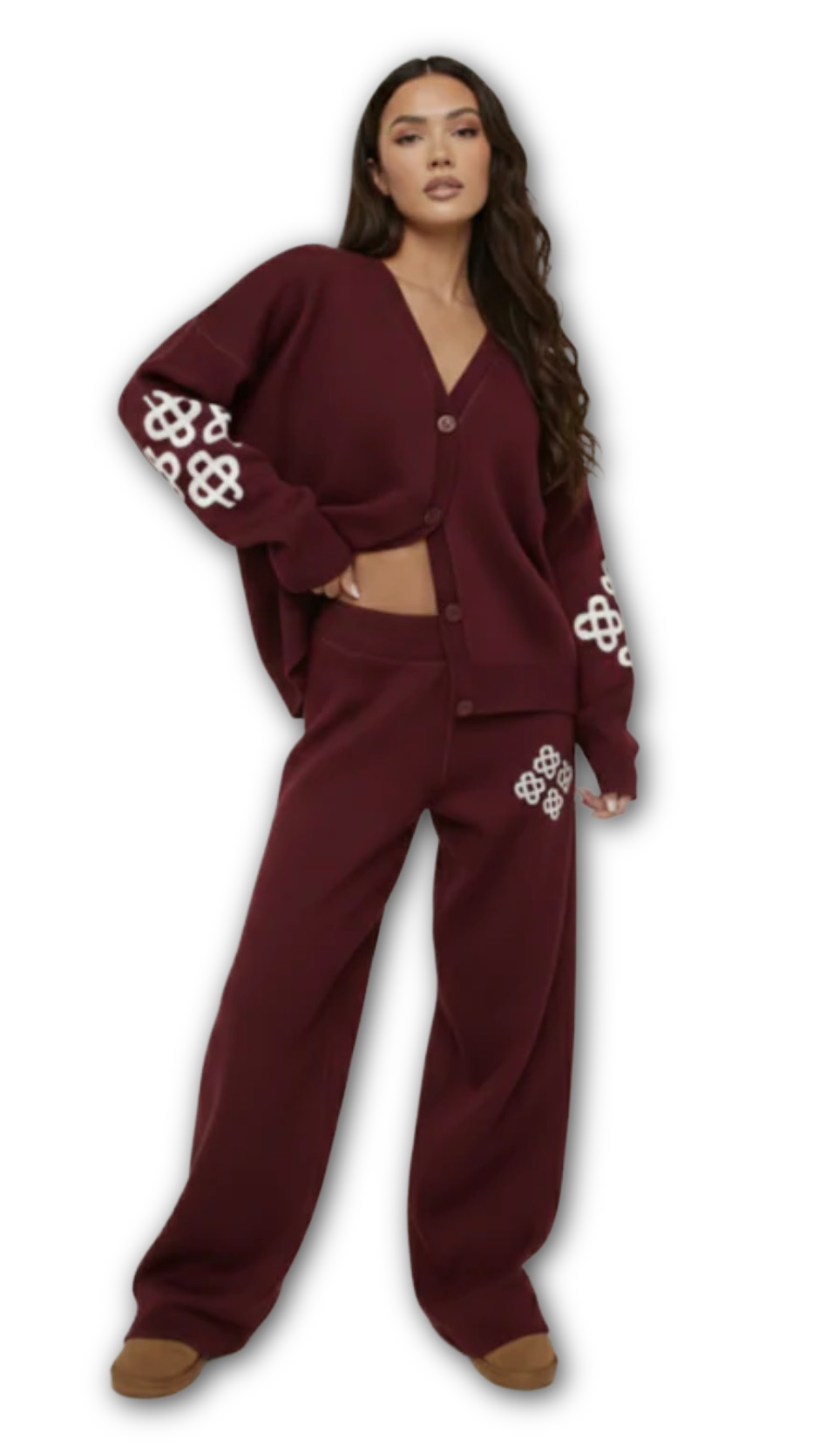 Knitted buttoned cardigan & wide leg trouser co ord