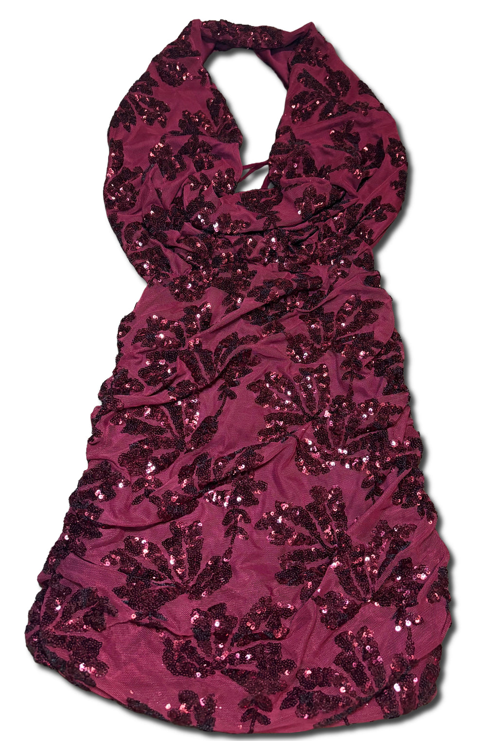 Burgundy sequin cowl ruched backless mini dress