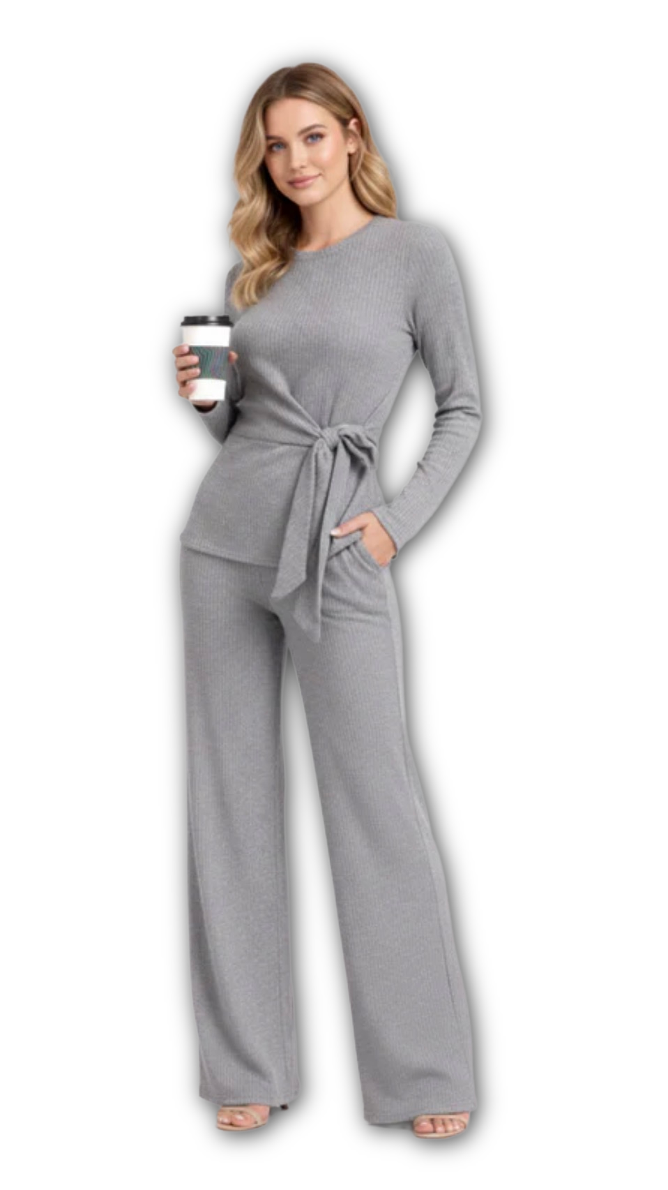 Ribbed wrap around top & wide leg trouser co ord