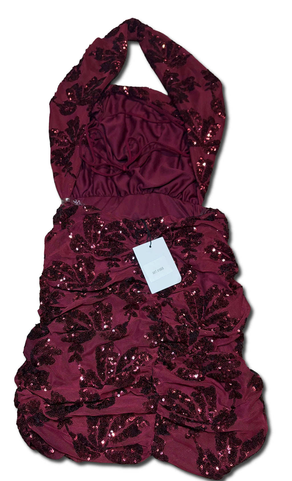 Burgundy sequin cowl ruched backless mini dress