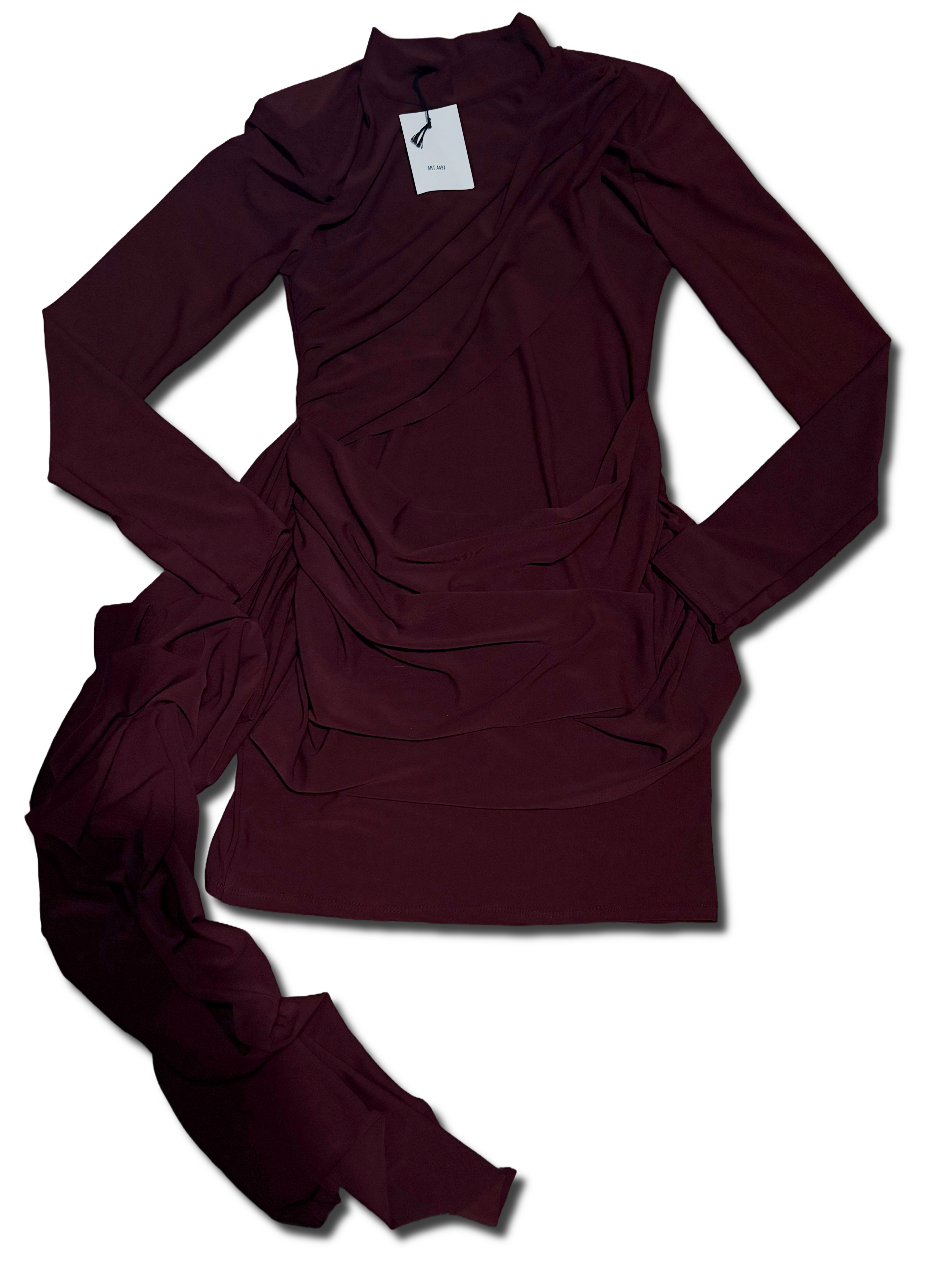 Burgundy drape high neck long sleeve mini dress