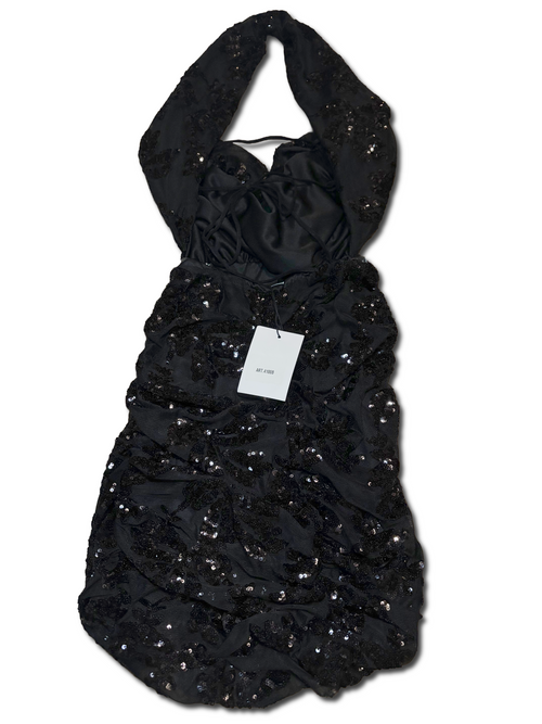 Black sequin cowl ruched backless mini dress