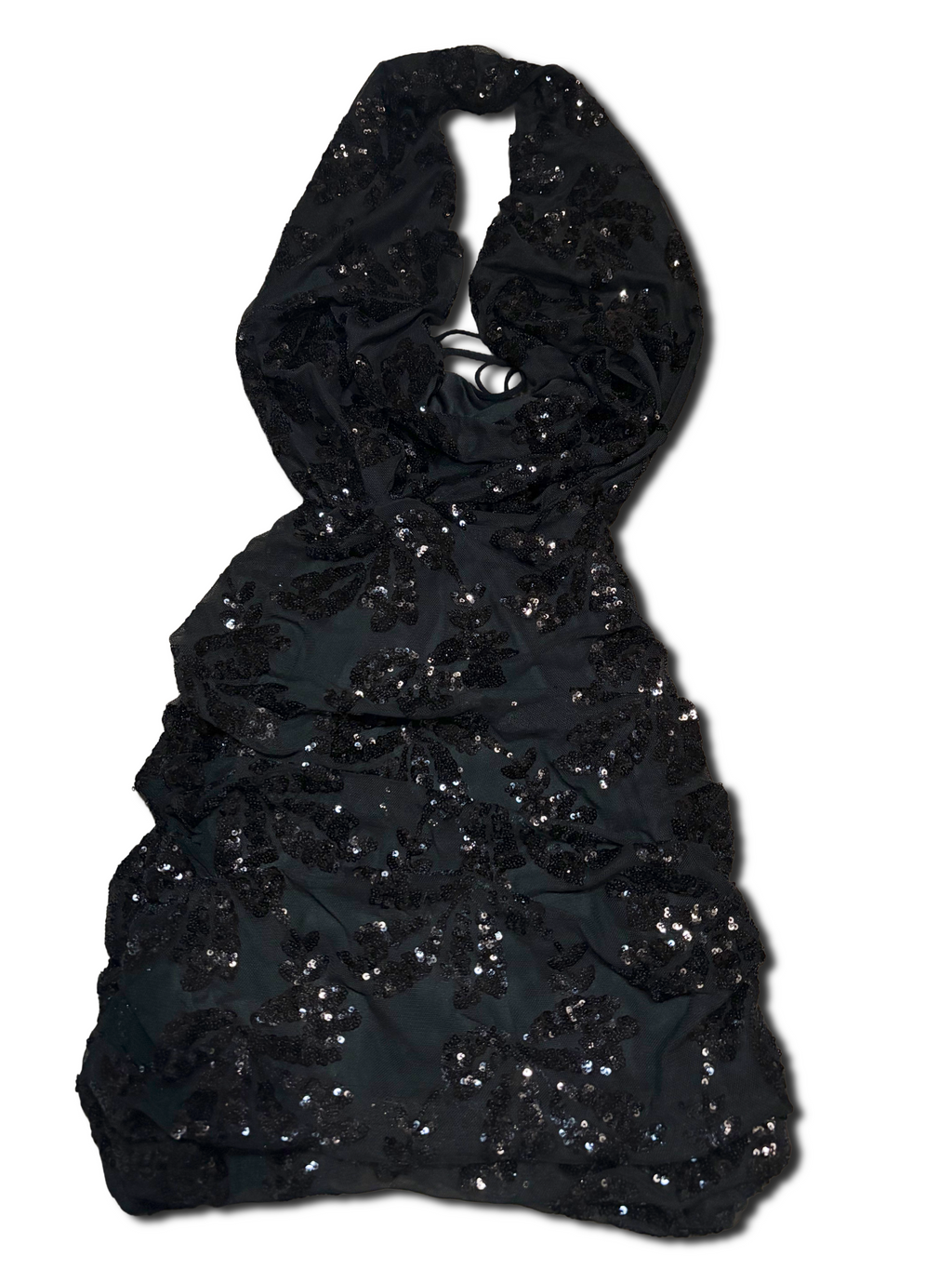 Black sequin cowl ruched backless mini dress